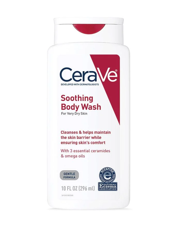 A tied FEMMENORDIC's choice in the Eucerin vs CeraVe comparison, the Soothing Body Wash by CeraVe