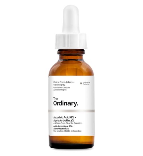 Ascorbic Acid 8% + Alpha Arbutin 2% by The Ordinary, brightens the skin tone and reduces signs of aging.