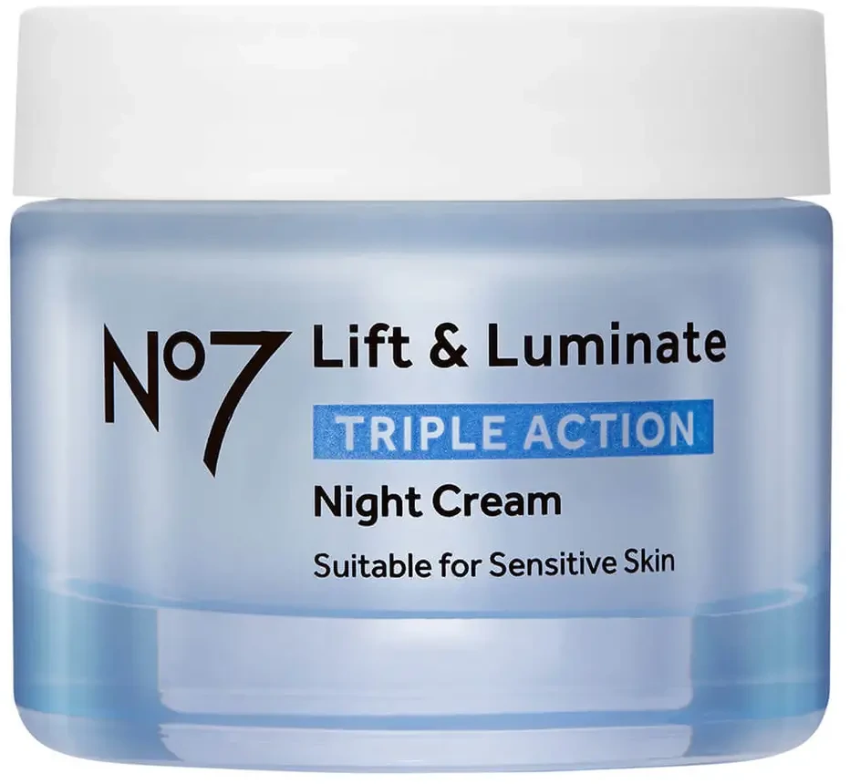Lift & Luminate Triple Action Night Cream by No7; wrinkles are visibly reduced, skin feels firmer, skin tone is more even, night after night.