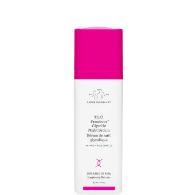 TLC Framboos Glycolic Night Serum by Drunk Elephant, a high-tech AHA/BHA gel that resurfaces dull, congested skin.