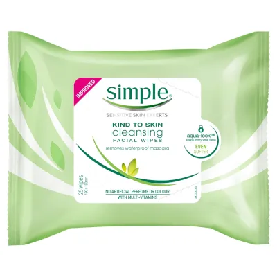 Cleansing Facial Wipes by Simple, micellar water infused makeup wipes, Simple wipes made from softer-than-silk fibres, gentle cleansers, triple purified water and skin-loving ingredients.