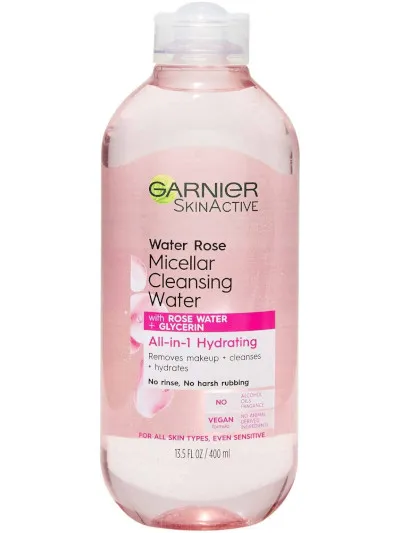 SkinActive Micellar Cleansing Water with Rose Water by Garnier, Garnier's cult-favourite micellar water infused with rose water.