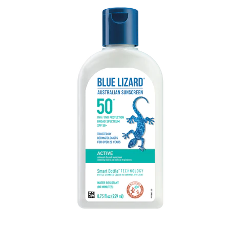 Active Mineral-Based Sunscreen by Blue Lizard; SPF50+ sunscreen designed for active wear.