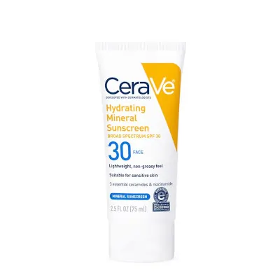 Hydrating Mineral Sunscreen SPF 30 Face Lotion by CeraVe, broad spectrum mineral sunscreen.