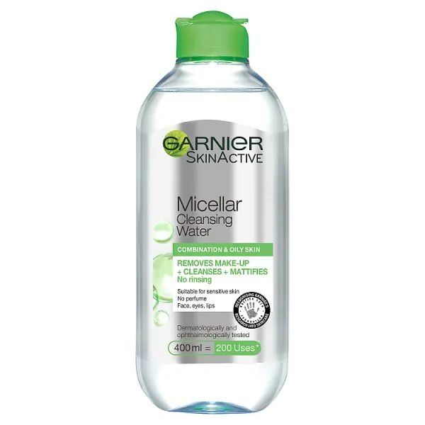 SkinActive Micellar Cleansing Water for Oily Skin by Garnier, an all-in-one cleansing water for combination skin that soothes and removes all makeup.