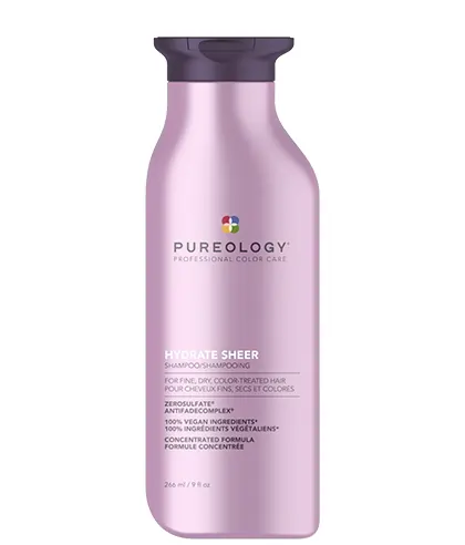 A tied FEMMENORDIC's choice in the Pureology vs Aveda shampoo comparison, the Pureology Hydrate Sheer Shampoo.