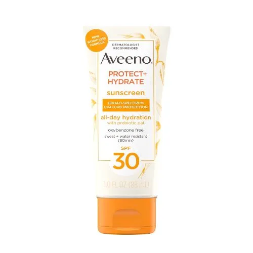Protect + Hydrate Sunscreen by Aveeno, moisturizing SPF 30 body sunscreen lotion..