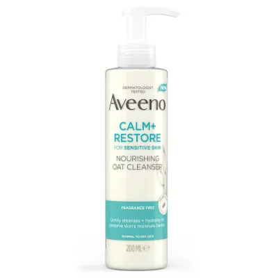 Calm+Restore Nourishing Oat Cleanser by Aveeno, a nourishing cleanser formulated with soothing prebiotic oat and calming feverfew.