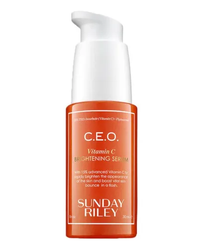 CEO 15% Vitamin C Brightening Serum by Sunday Riley, targeted to quickly fight the look of dullness, dark spots, and discoloration.