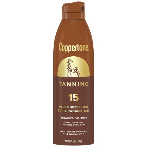 Tanning Sunscreen Spray by Coppertone, moisturizes skin for a radiant tan.