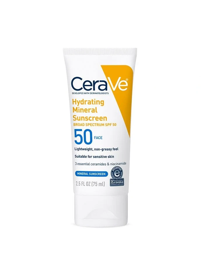Hydrating Mineral Sunscreen for Face by CeraVe, SPF 50 hydrating mineral sunscreen for face.